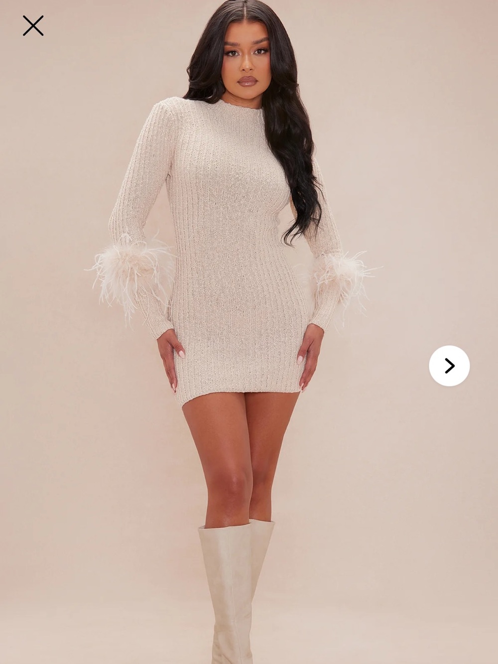Hannah Feather Sweater Mini Dress - Beige